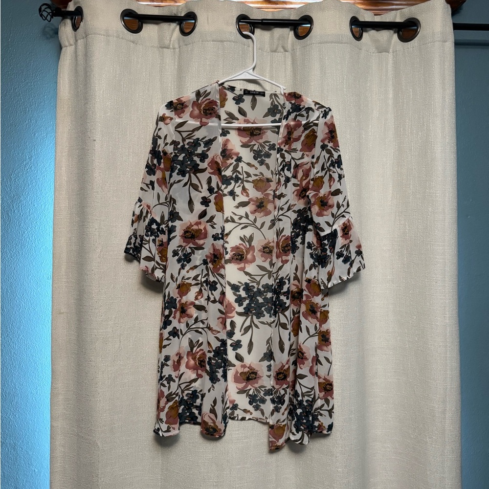 SHEIN Floral Print Kimono in Cream and Green
